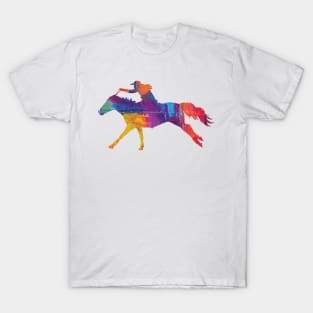 Cowgirl Riding a Running Horse with Rainbow Background T-Shirt